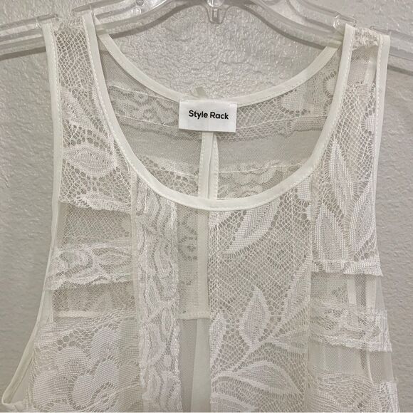 STYLE RACK TUNIC TOP WOMEN SMALL WHITE SHEER LACE HIGH LOW POPOVER. - Picture 3 of 9